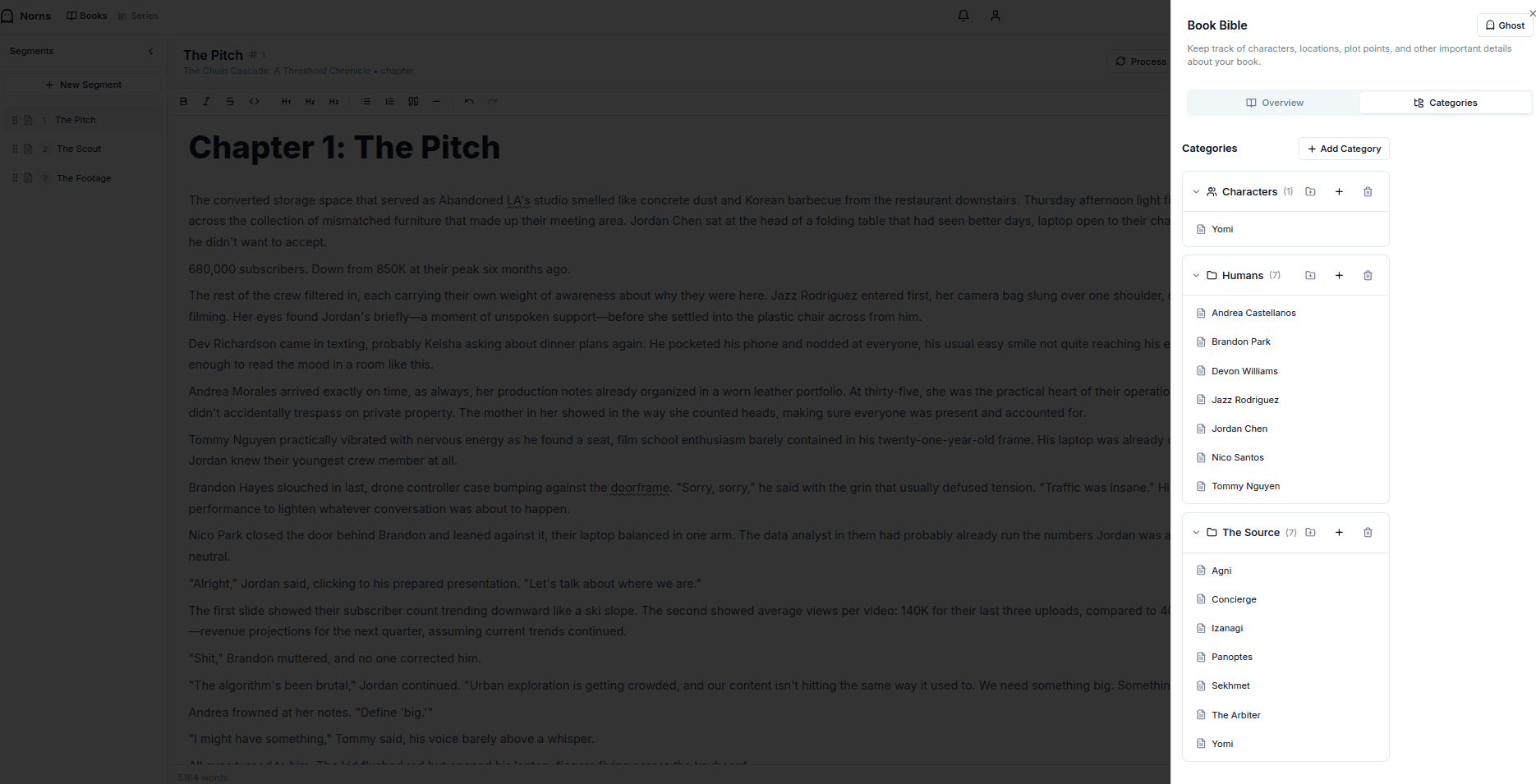 Book Bible with character and location categories