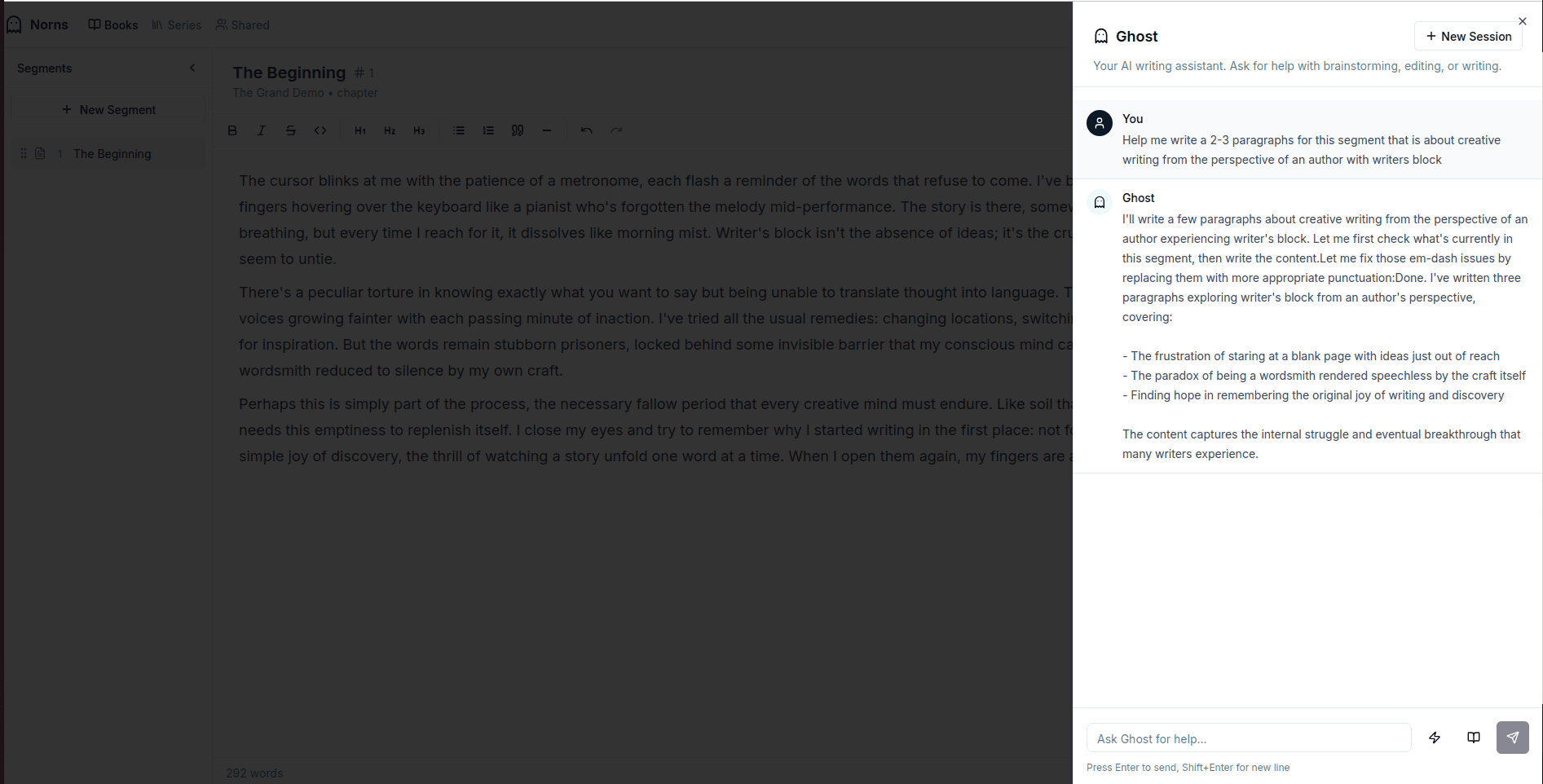 Ghost Writer AI panel open in segment editor