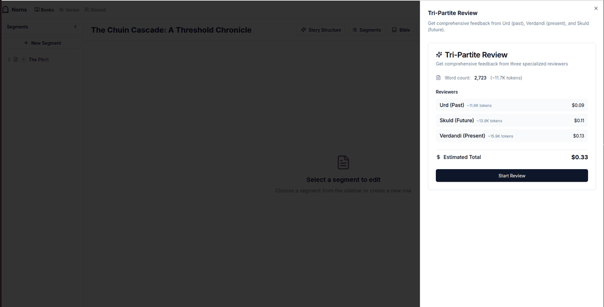 Tri-Partite Review panel showing Urd, Verdandi, and Skuld reviewers with cost estimates