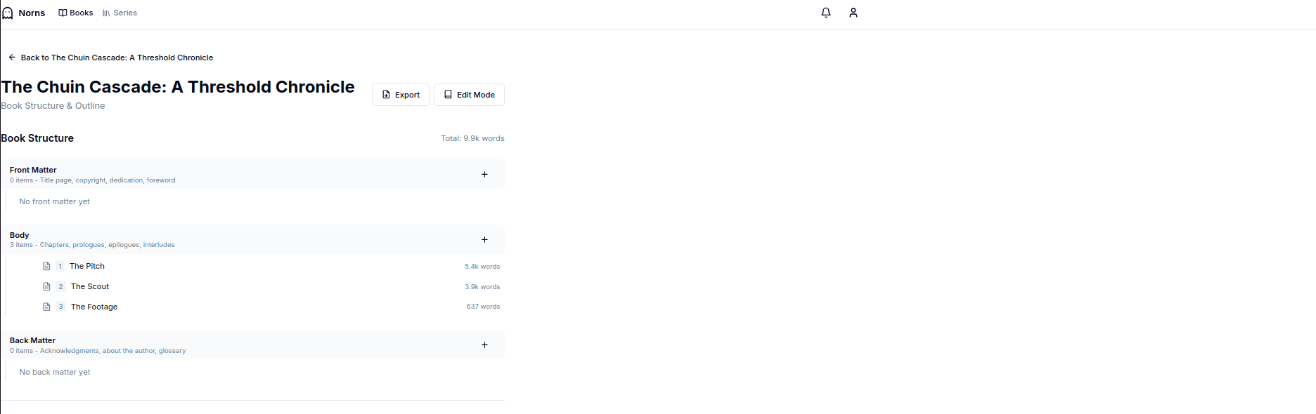 Book structure view with front matter, chapters, and back matter