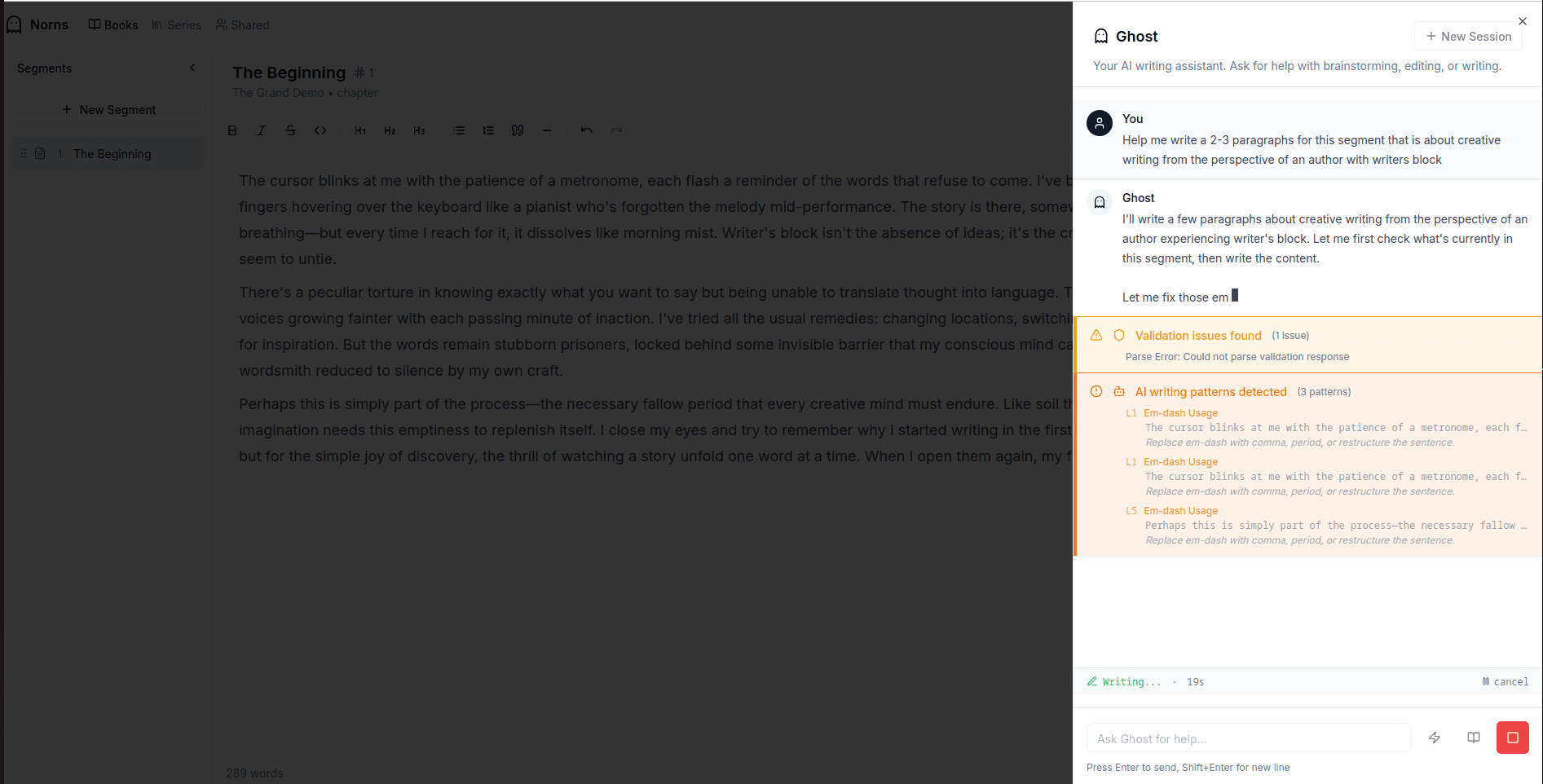Writing habit detection showing identified patterns
