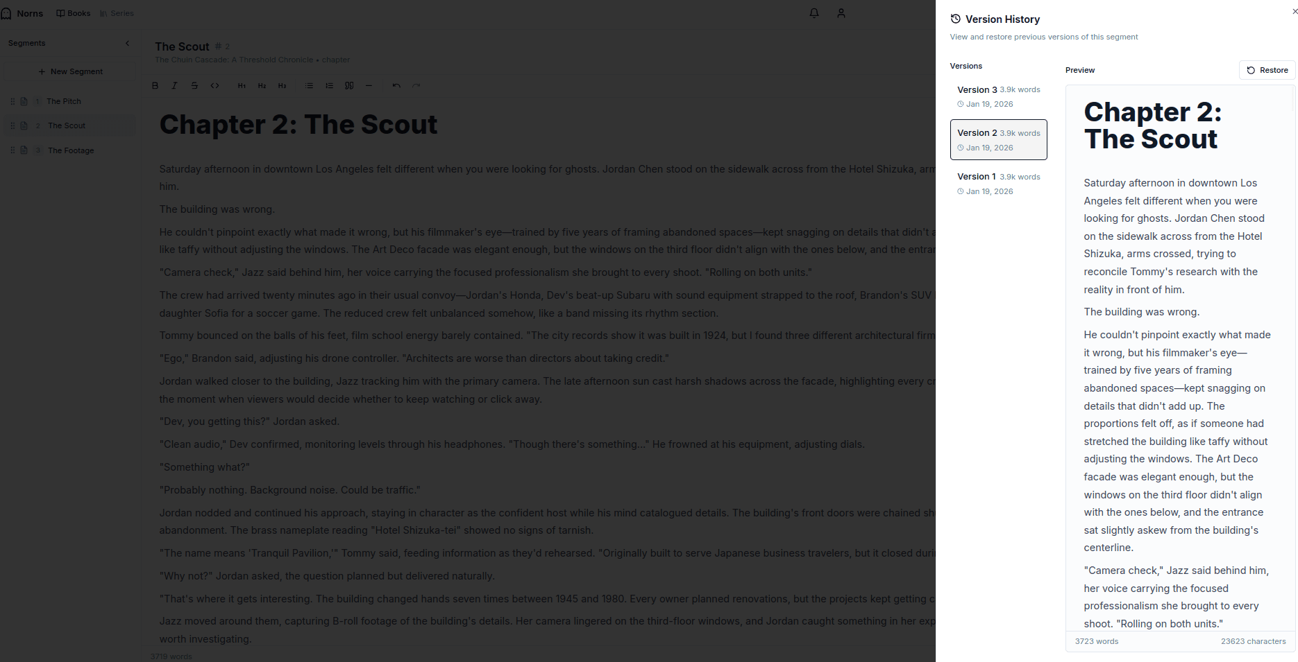 Version history panel showing segment revisions